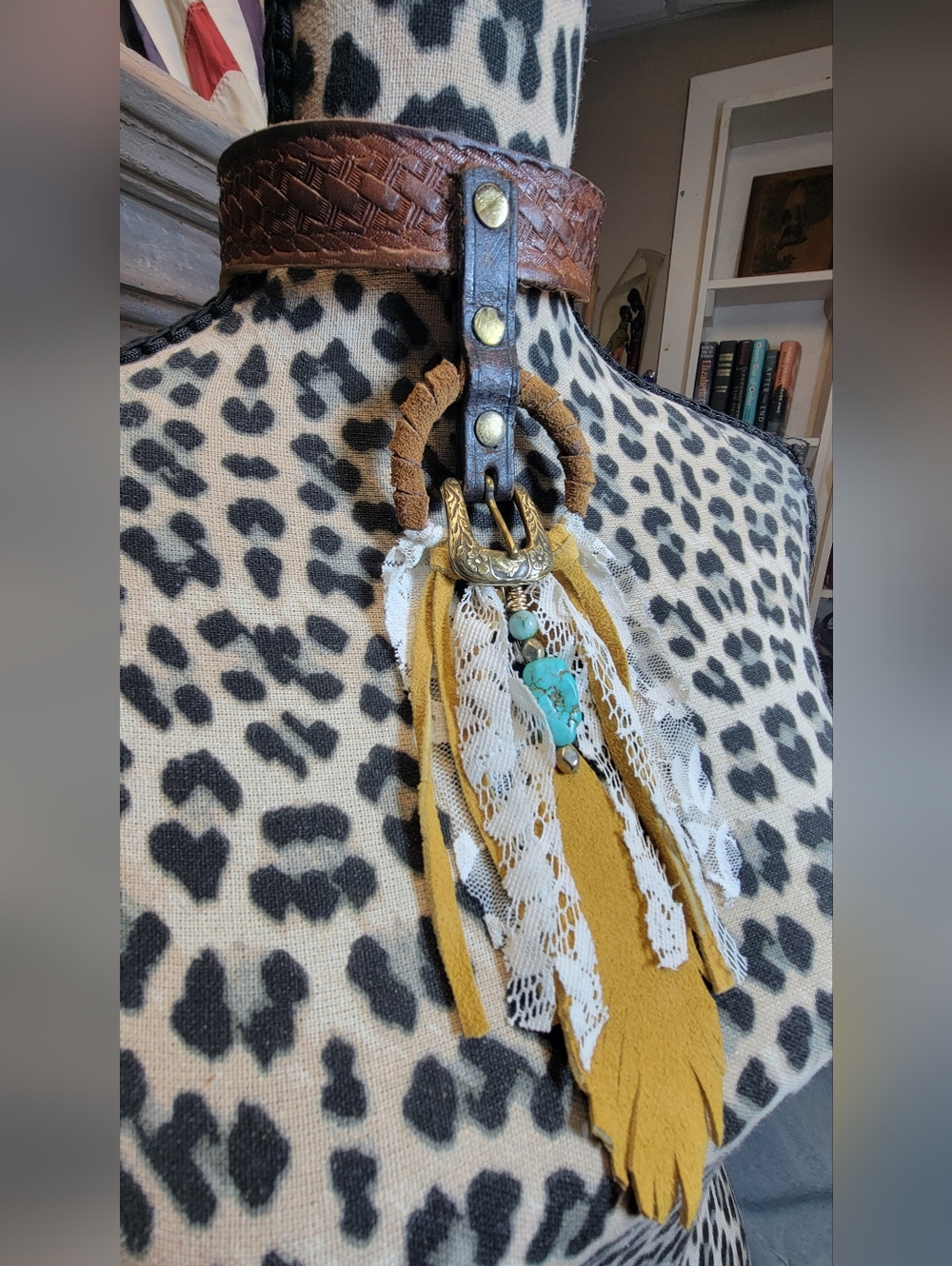 Bohemian Tooled Leather Choker With Turquiose & Gypsy Rag Necklace Artisian